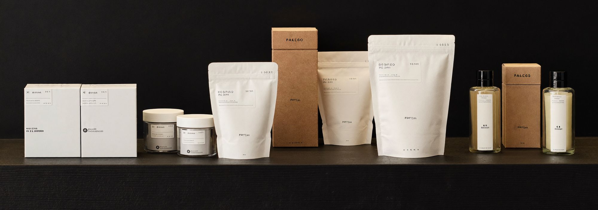 A row of cream and kraft product packaging on a dark shelf, ready for a client's brand